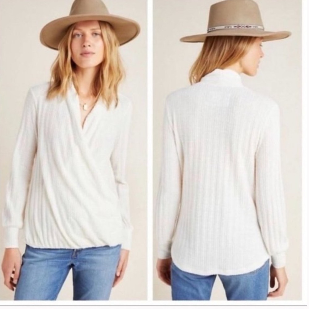 Maeve Anthropologie Ivory Ribbed Surplice Front Long Sleeve Top Cream XS